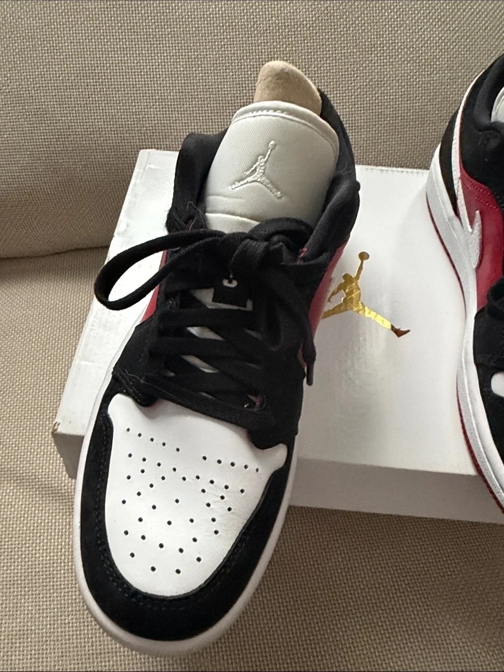 Jordan Low-Top Sneakers in White, Black & Red